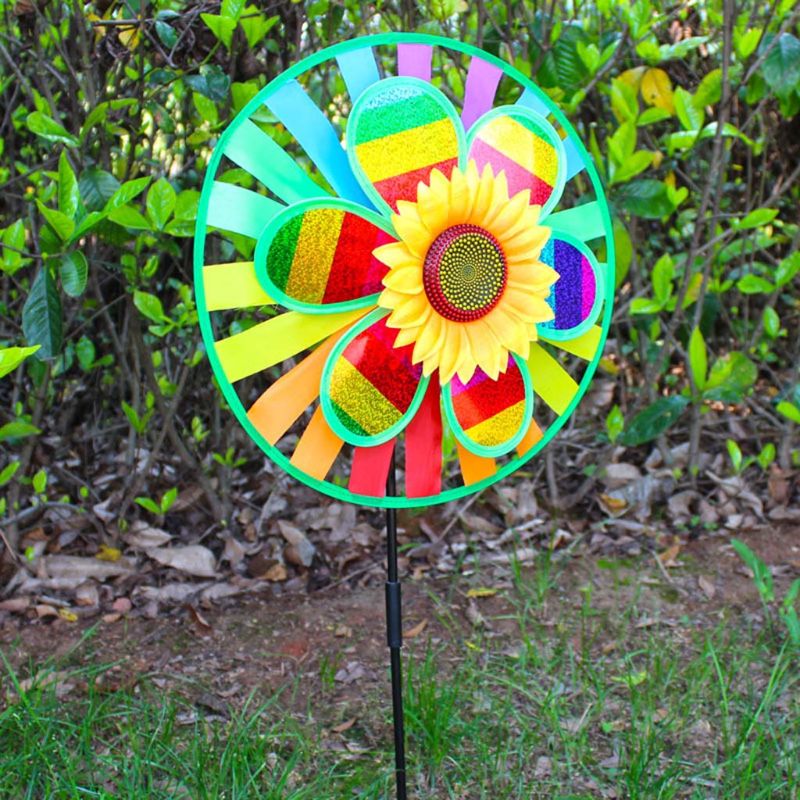 더블 레이어 스팽글 해바라기 풍차 바람 스피너 다채로운 바람개비 홈 가든 마당 장식